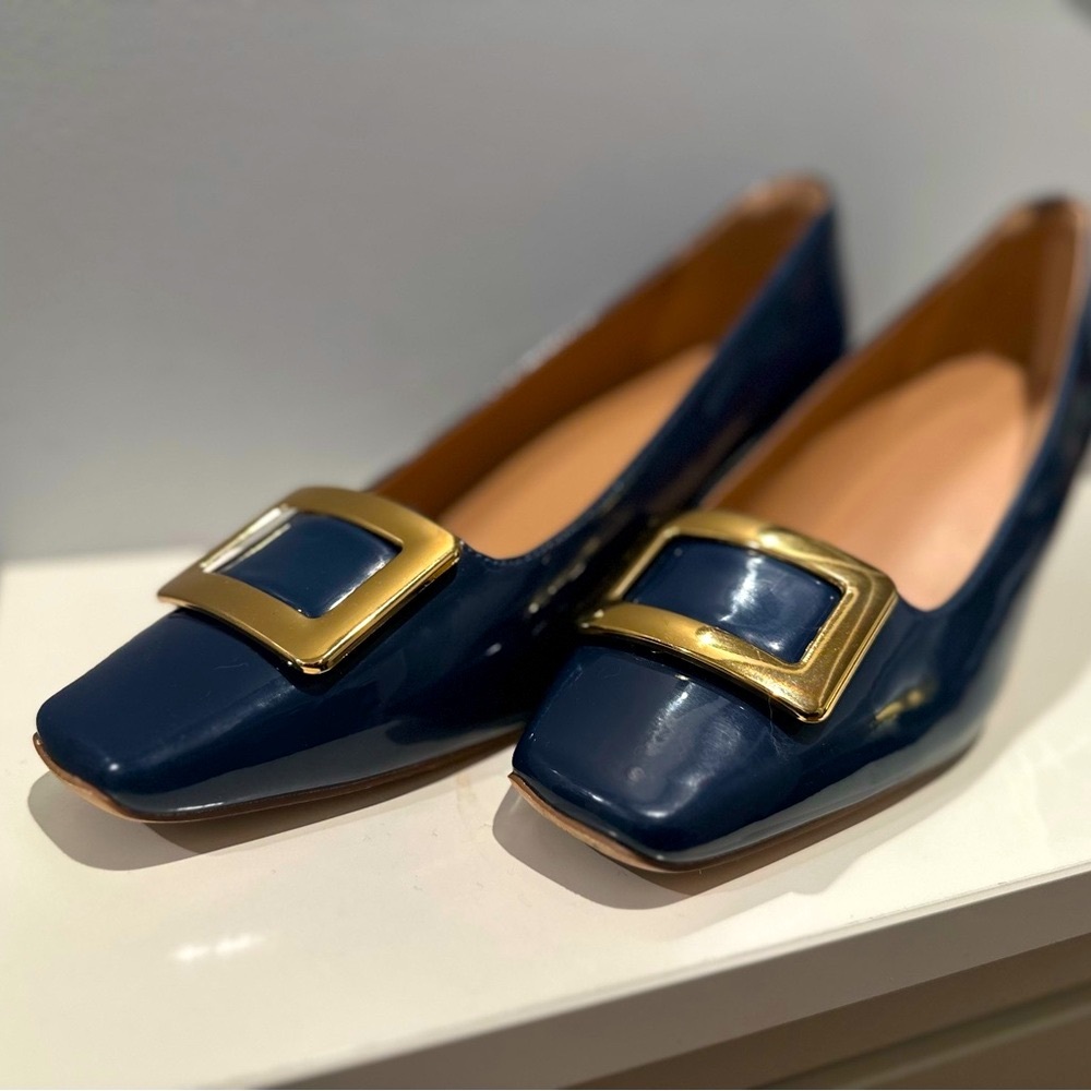 Navy Patent Buckle Flats - Womens Heels